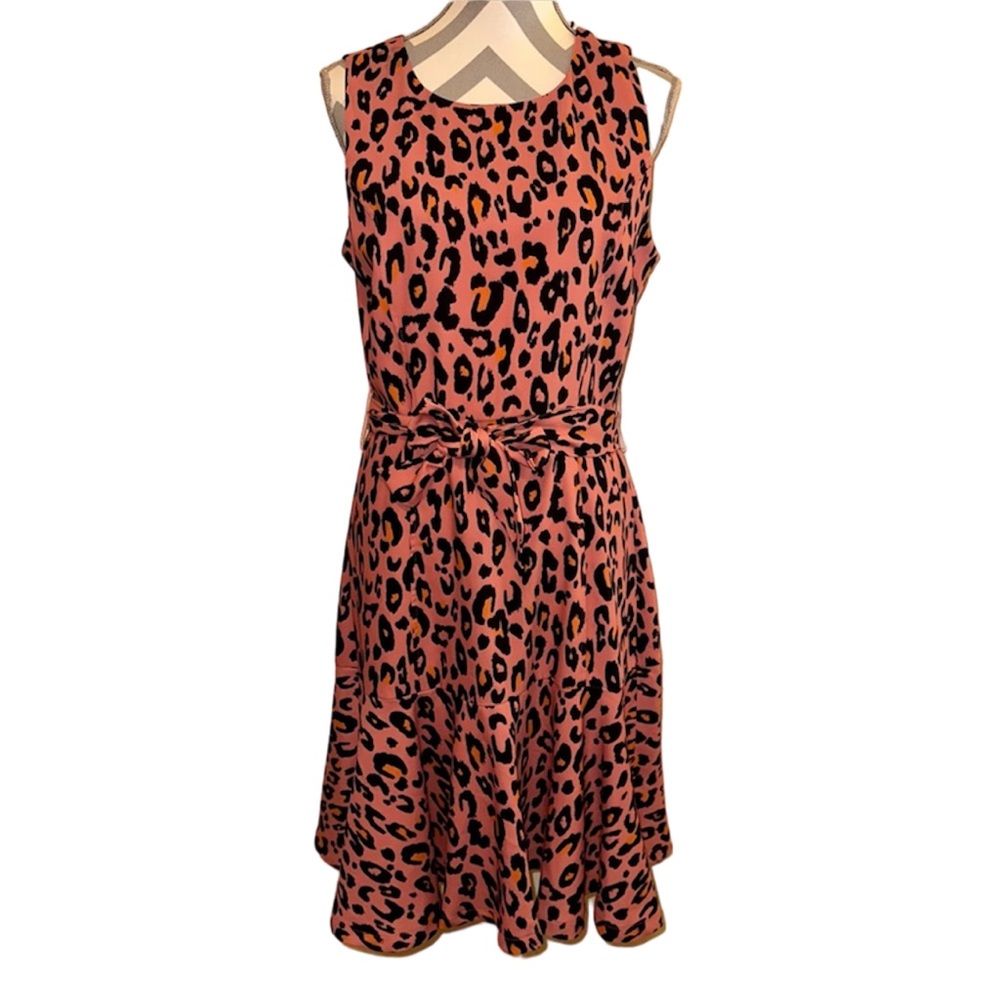 LarRoque Pink Orange Leopard Print Sleeveless Self Tie Tulip Flounce Mini Dress